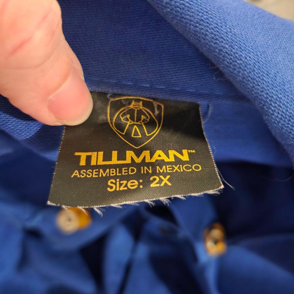 Vintage Y2K Tillman Jacket Blue Cotton Yellow Leather Sleeves Welding Shirt Mens - Picture 8 of 8